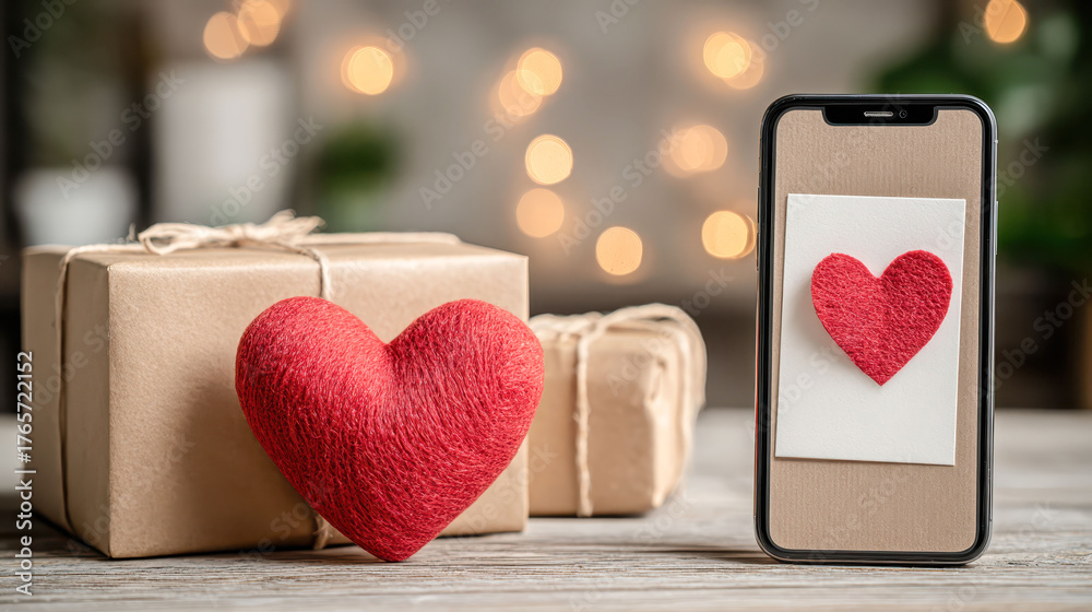 A phone with a heart on it is next to a box with a red heart on it. Concept of love and affection