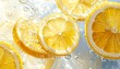 © Mera - Sliced lemons float in bubbly water, a refreshing, citrusy close-up with bright yellow hues and cool tones