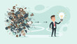 © Michael - A businessman in a suit holding a glowing light bulb, symbolizing a brilliant idea or solution, emerging from a chaotic pile of gears and papers, representing the complex thought process and