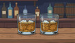 © Jayson - Two glasses of amber whiskey filled with ice cubes sit on a rustic wooden bar counter, with bottles and barrels blurred in the background, evoking a cozy and classic bar atmosphere for a relaxing