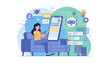 © Jayson - Modern illustration of a woman comfortably seated on a sofa, engaging in an online chat with an AI chatbot via her smartphone, surrounded by digital interfaces, data servers, and futuristic