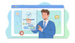 © Lowkey - Modern digital feedback form interface with a smiling businessman in a blue suit interacting with elements like a progress bar, rating stars, like button, and heart icon, representing user experience