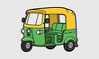 © Fahad - Cartoon Auto Rickshaw Illustration – Green and Yellow Three-Wheeled Vehicle with Headlights and Canopy for Urban Transport, Travel, or Cultural Design Assets
