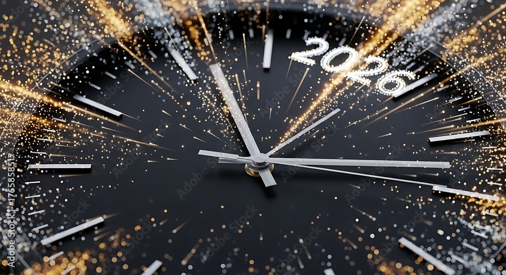 Sparkling Clock Face Displaying 2026 with Silver Hands and Golden Bokeh ...