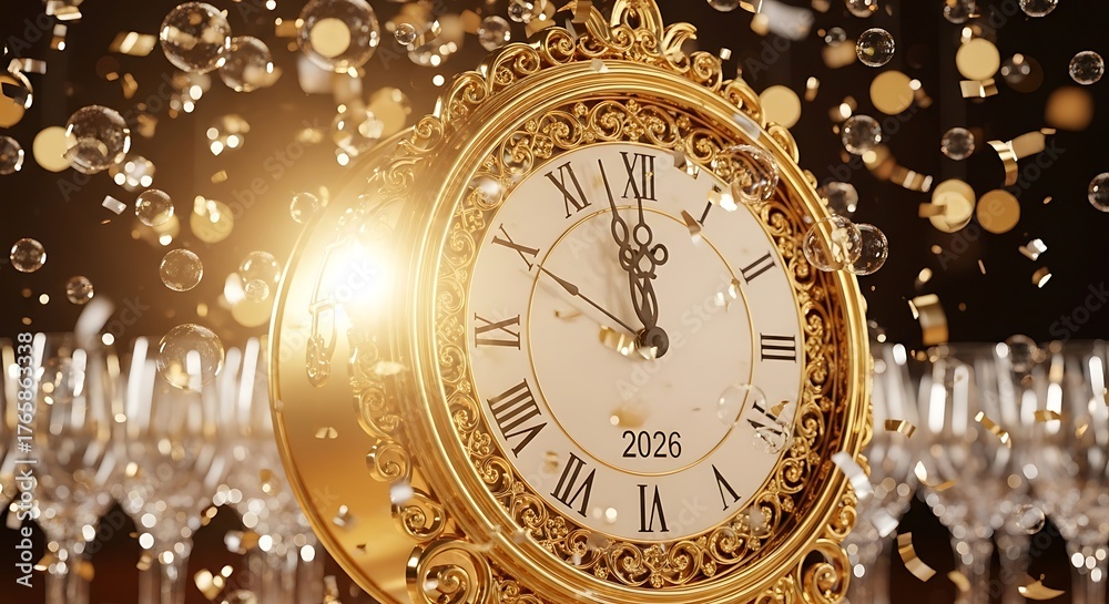 Ornate Golden Clock Striking Midnight for 2026 New Year Celebration ...