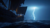 Sailing ship on stormy sea at night, lightning strikes, maritime adventure, dark blue sky, ocean waves, dramatic seascape, wooden vessel, lantern light, navigation, historical sailing scene