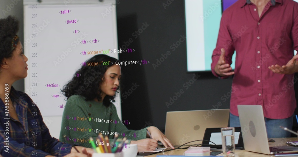 Collaborating colleagues discussing HTML code on whiteboard in meeting ...