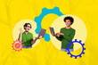 © deagreez - Composite creative art collage of two happy girl guy business partners surf laptop gearwheel optimization freelancer development