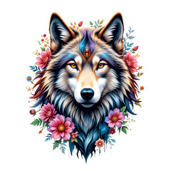 Naklejka na meble Intense wolf head with stylized multicolored fur and glowing yellow eyes, framed by bright pink and orange wildflowers and foliage.