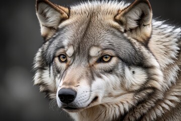  Nahaufnahme eines Wolfes im Schnee mit intensiven Augen, starkes, wildes Aussehen