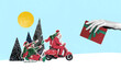 © deagreez - Composite 3D collage of new year holiday outdoors eve tree elf sit sledges aged man ride motorbike winter december huge hand hold gift