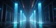 © grafixcareer - A futuristic server room with rows of glowing blue light pillars, creating a sense of advanced technology and data processing in a vast, digital corridor.