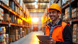 © NAD SANG PAP - Logistics Coordinator Smiles While Using Tablet in Warehouse Business Environment Motivational Concept
