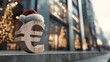 © Vitaliy - A Euro symbol adorned with a Santa hat stands in a lively shopping district decorated for Christmas. The scene captures the essence of holiday spending and festive cheer