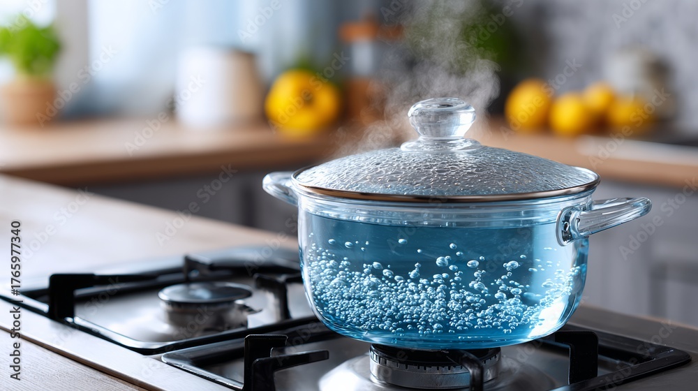 Pot of water is boiling on a stove. The steam coming from the pot is ...