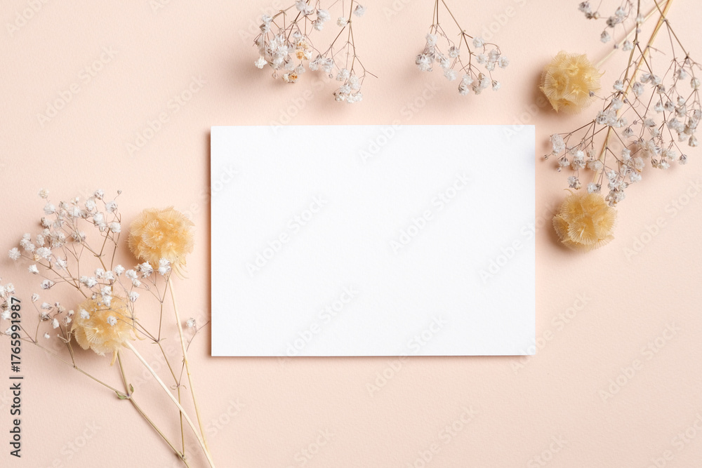 Horizontal white blank card centered on a beige background, styled with ...