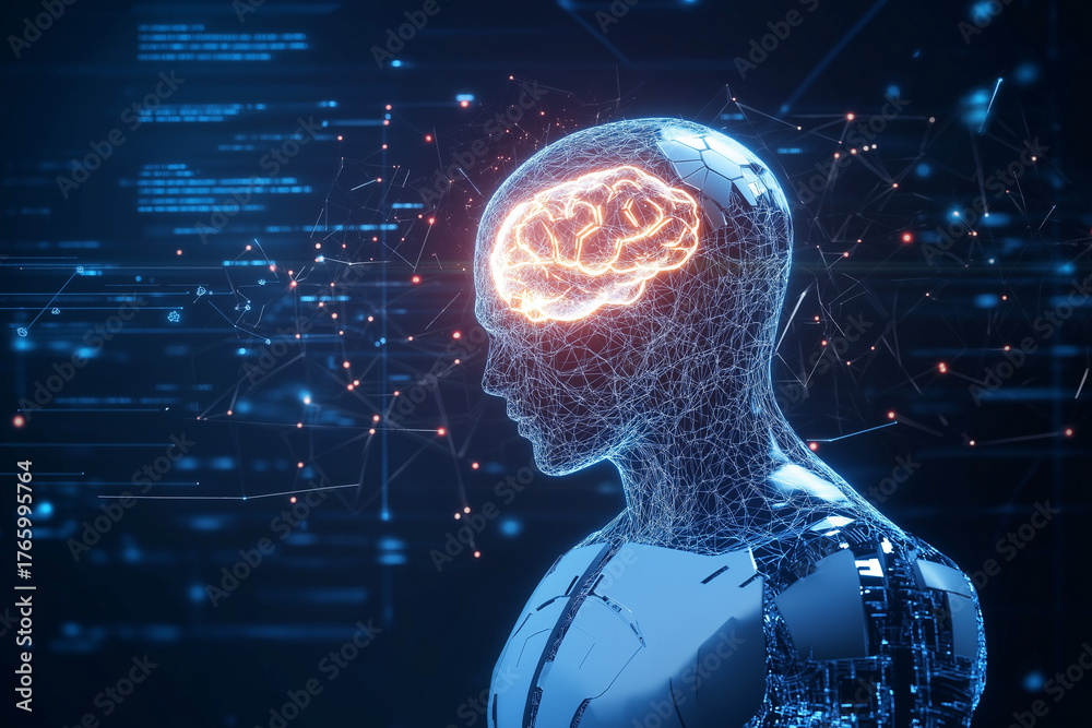 Crying robot with glowing brain in shattered digital world symbolizing ...