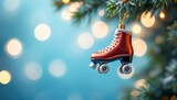 A christmas ornament in the shape of a roller skate hanging from a tree with a bokeh background