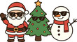 © Iryna - charming Santa Claus, Christmas tree, and snowman cartoon sporting sunglasses