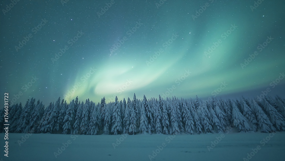Aurora borealis northern lights winter landscape snow trees night sky ...
