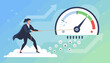 © Kalrzy - Dynamic illustration of a determined businesswoman in a suit and cape, pulling a rope attached to a large gauge, symbolizing performance rating or customer feedback, with upward arrows and smiling