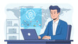 © Kalrzy - Procurement management industry concept: A smiling businessman in a blue suit works on a laptop, visualizing a global supply chain with icons for factories, warehouses, ships, trucks, and retail