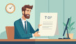 © Bam - Smiling businessman in a suit holding a document with the word 'TOP' and lines, representing top service or best performance, in a modern office setting with a clock and computer, conveying success