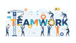 © Valine - Vibrant vector illustration depicting a diverse team of businessmen collaborating to build the word TEAMWORK, symbolizing unity, cooperation, and shared goals in a modern business environment with