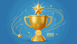 © Renz - Golden 3D Trophy Cup Award with a Shining Star on Top, Symbolizing Victory and Achievement, Surrounded by Swirling Golden Ribbons and Stars on a Vibrant Blue Background, Representing Success and