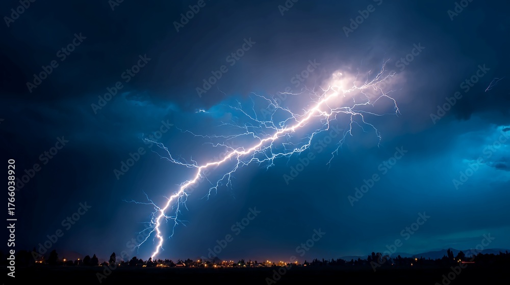 Stunning lightning strike illuminates dark stormy sky over distant city ...