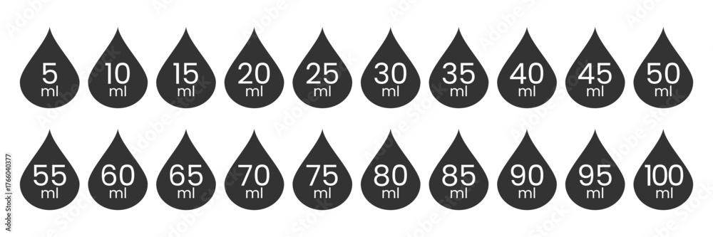 Liquid measurement drop icon set. ml volume label vector design ...