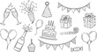 © jannat Stock - Vector art of hand drawn birthday party elements, featuring cake, balloons, and gifts for celebration