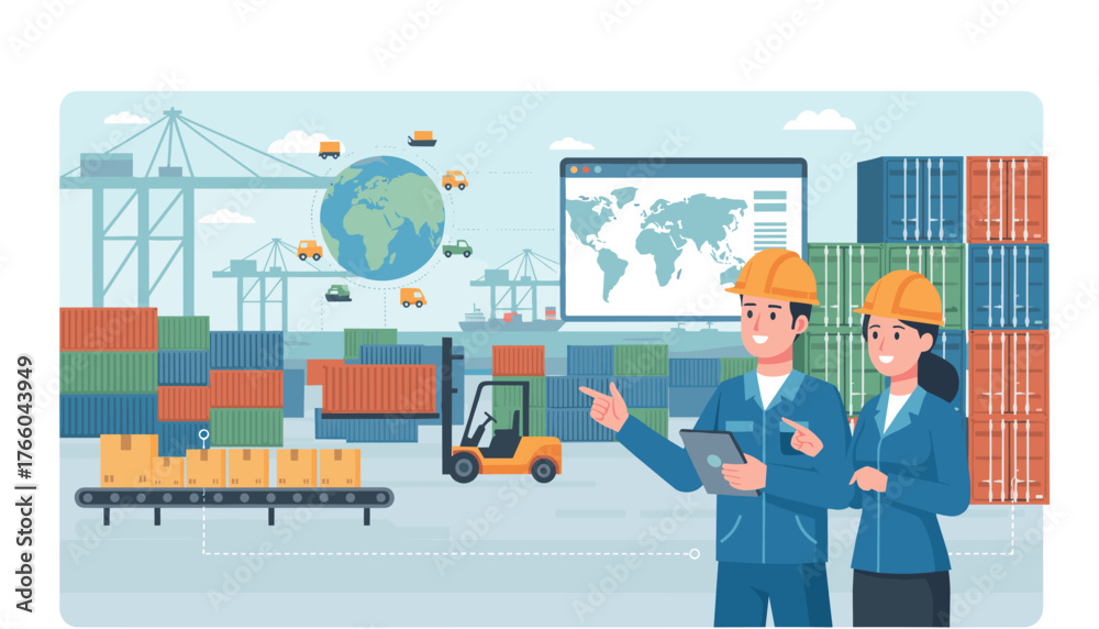 Port Inventory Professional workers in hard hats overseeing logistics and inventory ...