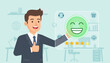 © Ruby - A smiling businessman in a suit gives a thumbs-up, presenting a virtual interface displaying a happy face icon, five stars, and icons for customer service, shopping, and cloud storage, symbolizing