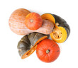 © New Africa - Whole and cut pumpkins isolated on white, top view. Gourd family