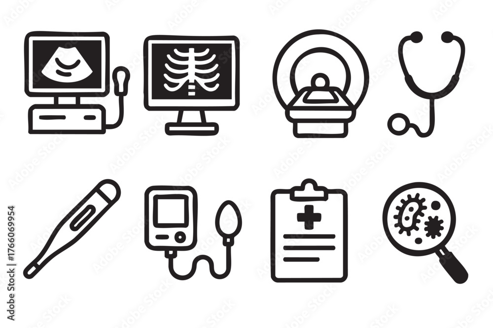 Black outline icons depicting ultrasound, x-ray, mri, stethoscope
