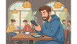 © Dustine - Modern man with beard in blue hoodie using smartphone for online payment in cafe, with digital icons of credit card, shopping cart, and checkmark floating above, surrounded by other people working on