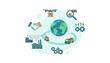 © Edward - Global digital logistics and supply chain concept illustration featuring a planet Earth surrounded by interconnected nodes, drone delivery, trucks, factories, handshake, barcode scanning, and gears