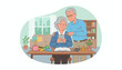 © Morgan - Elderly couple focused on managing home finances together, using a tablet and calculator, surrounded by savings like a piggy bank, coins, banknotes, and credit cards, representing financial planning