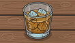 © Morgan - A close-up, top-down view of a clear glass filled with amber-colored whiskey and several large ice cubes, set against a rustic, brown wooden table surface with visible grain and subtle circular