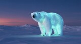 A majestic polar bear stands illuminated with a glowing, ethereal light against a serene, twilight arctic backdrop