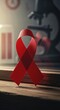 © MMerellinn - Bright red awareness ribbon positioned on a rustic wooden desk. This universal symbol represents global AIDS Day, emphasizing medical research, disease prevention, and community support for a