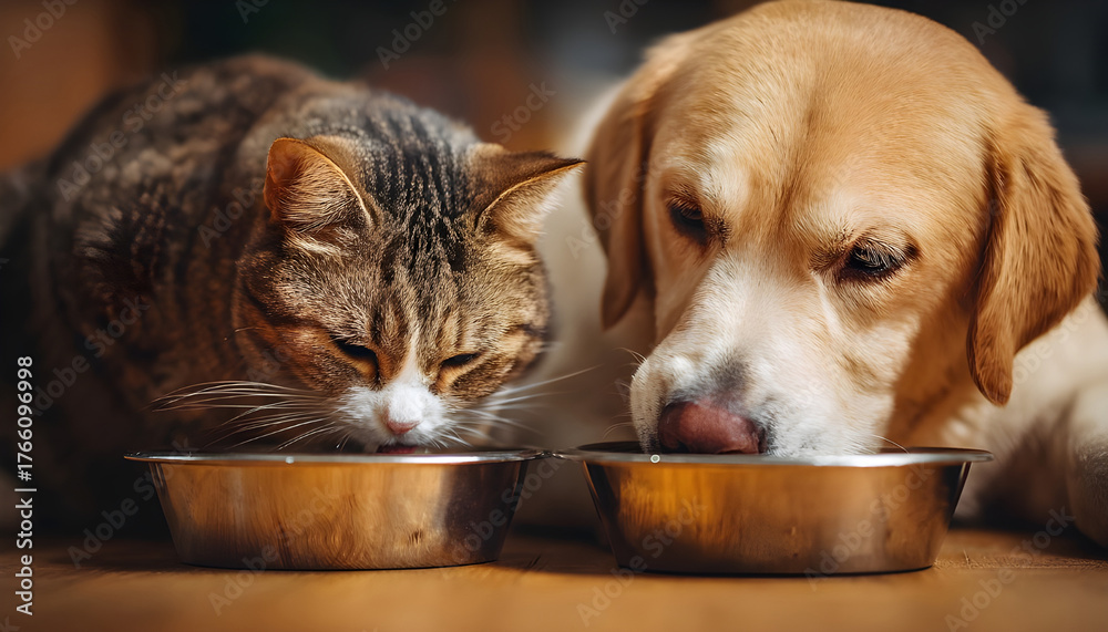 Cat and dog eating together from bowls indoors