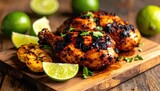 Glazed Chicken Drumsticks With Grilled Pineapple Slices And Lime Wedges On A Wooden Board