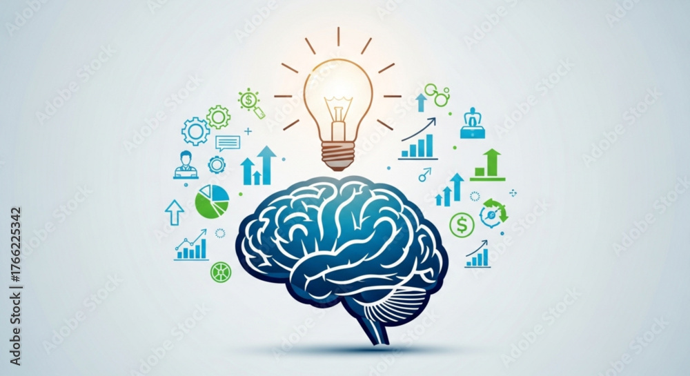 Brain with light bulb and business icons, , representing ideas ...