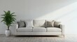 © CrazyJuke - Contemporary Living Room Oasis: a minimalist living space with a pristine sofa, an elegant potted plant, and a tranquil ambiance. The room, bathed in natural light, epitomizes comfort and serenity.