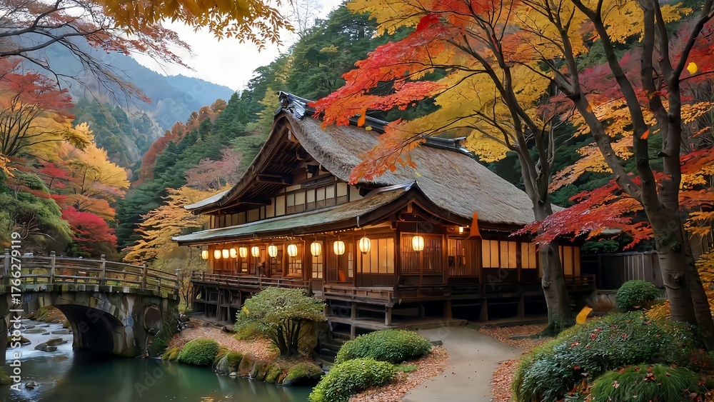 Traditional japanese house with thatched roof surrounded by vibrant ...