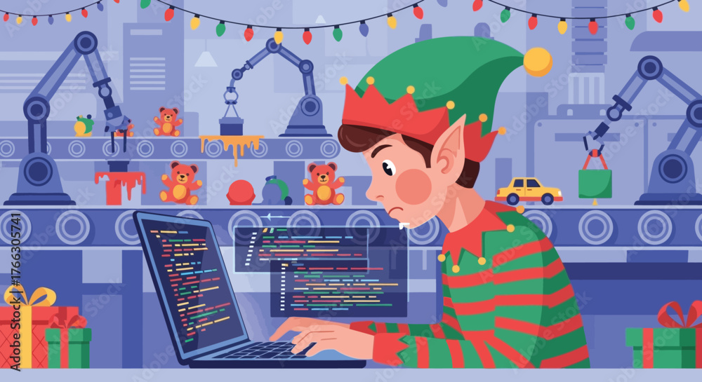 Elf coding at Santa's workshop with conveyor belt, robotic arms, gifts ...