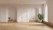 © LEKSTOCK 3D - Japandi style interior design with symmetrical arches and a blank wall for mockup , sunlight casting and natural light . 3D rendering.