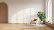 © LEKSTOCK 3D - Modern living room with a  white velvet armchair on wooden floor and white wall and large arched windows.3drender
